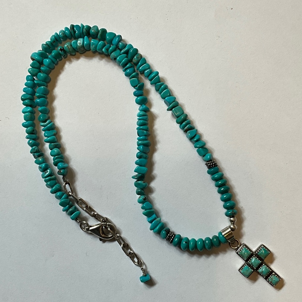 925 Turquoise Beaded Necklace with Cross Pendant